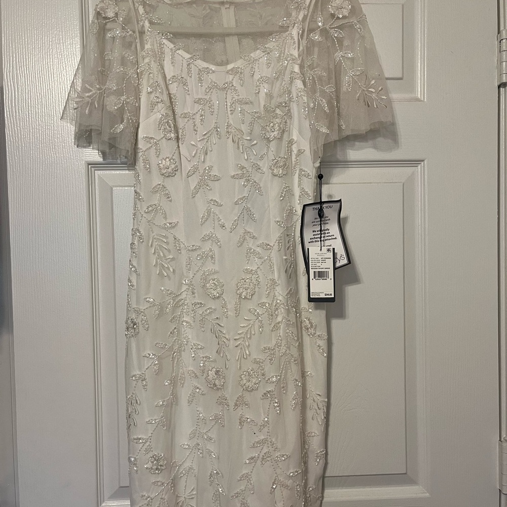 Adrianna Papell White Beaded Floral Embroidered Midi Dress with Sheer Capelet